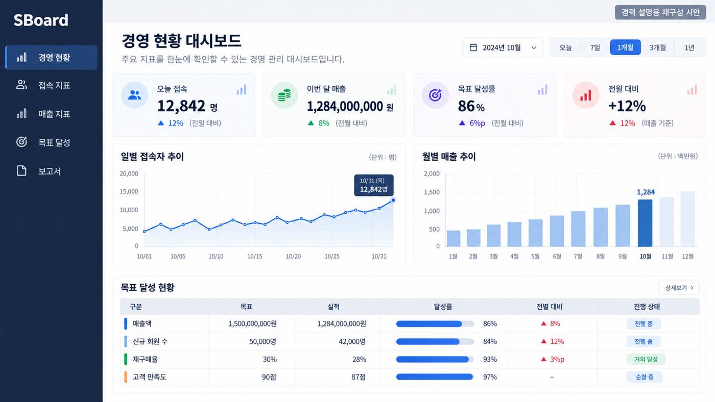 SBoard 경영 정보 포털의 경력 설명용 재구성 화면